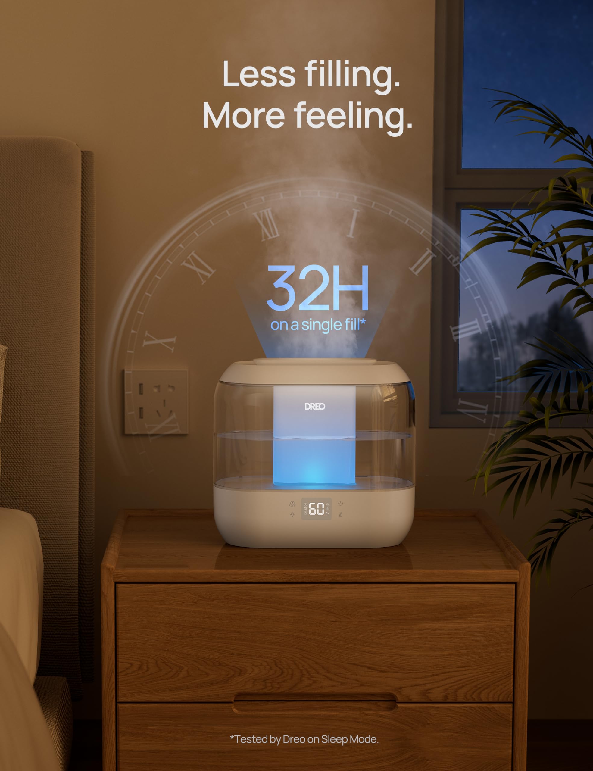 Dreo Smart Humidifiers for Bedroom, Top Fill 4L Cool Mist Humidifier with Nightlight, 32H Runtime, Touch/APP/Voice Control, Quiet Ultrasonic Humidifiers for Large Room, Home, Baby, Plants, Office