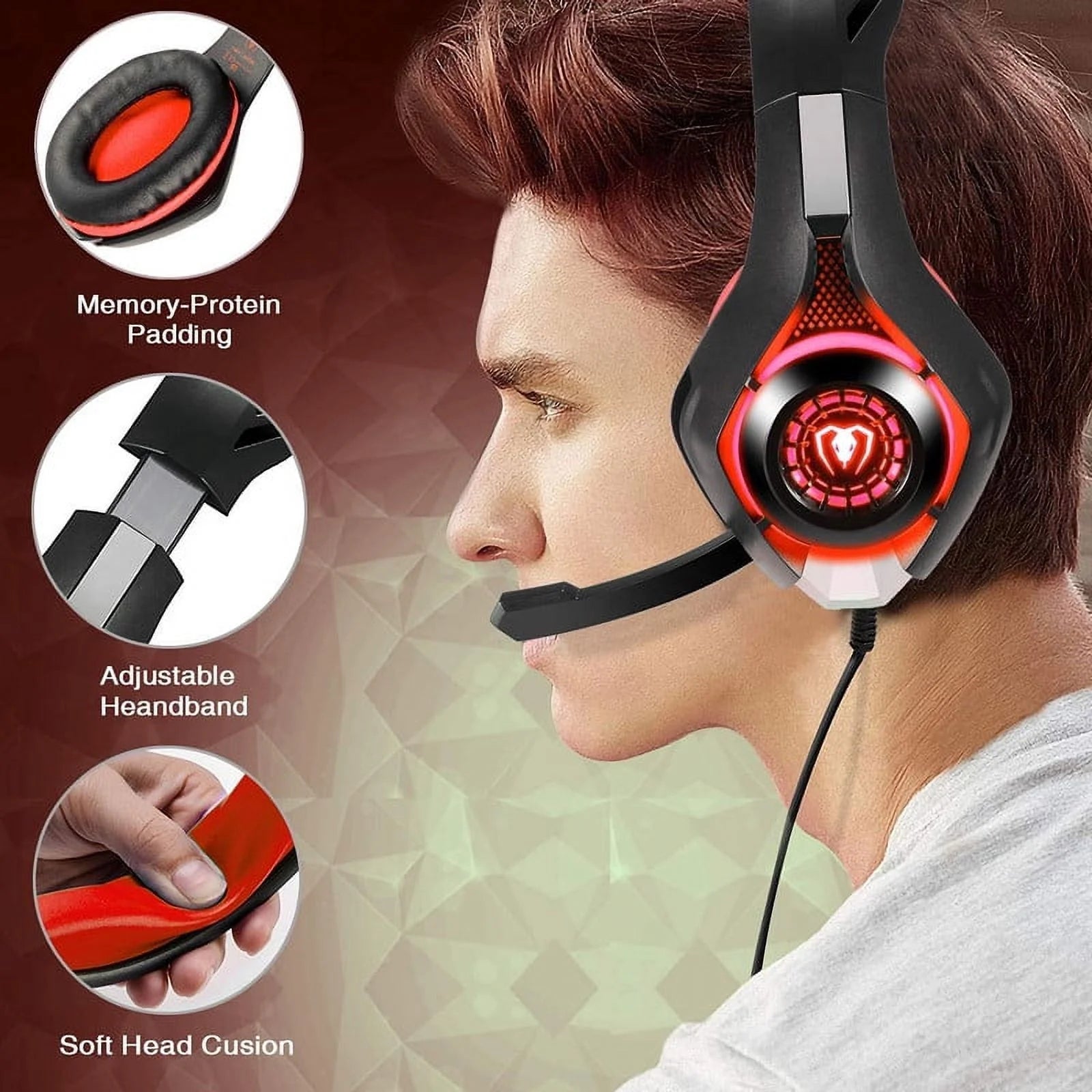 Gaming Headsets for PS5 PS4 Xbox One, Gaming Headphones with Noise Canceling Microphone Surround Sound & LED RGB Light for PC Laptop Headband Headphones Red