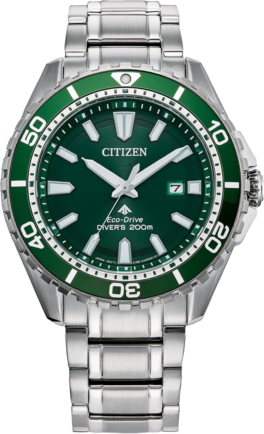 Men'S Eco-Dive Promaster Dive, Silver-Tone Stainless Steel Bracelet Watch, Green Dial, 3 Hand, Date (Model: BN0199-53X)