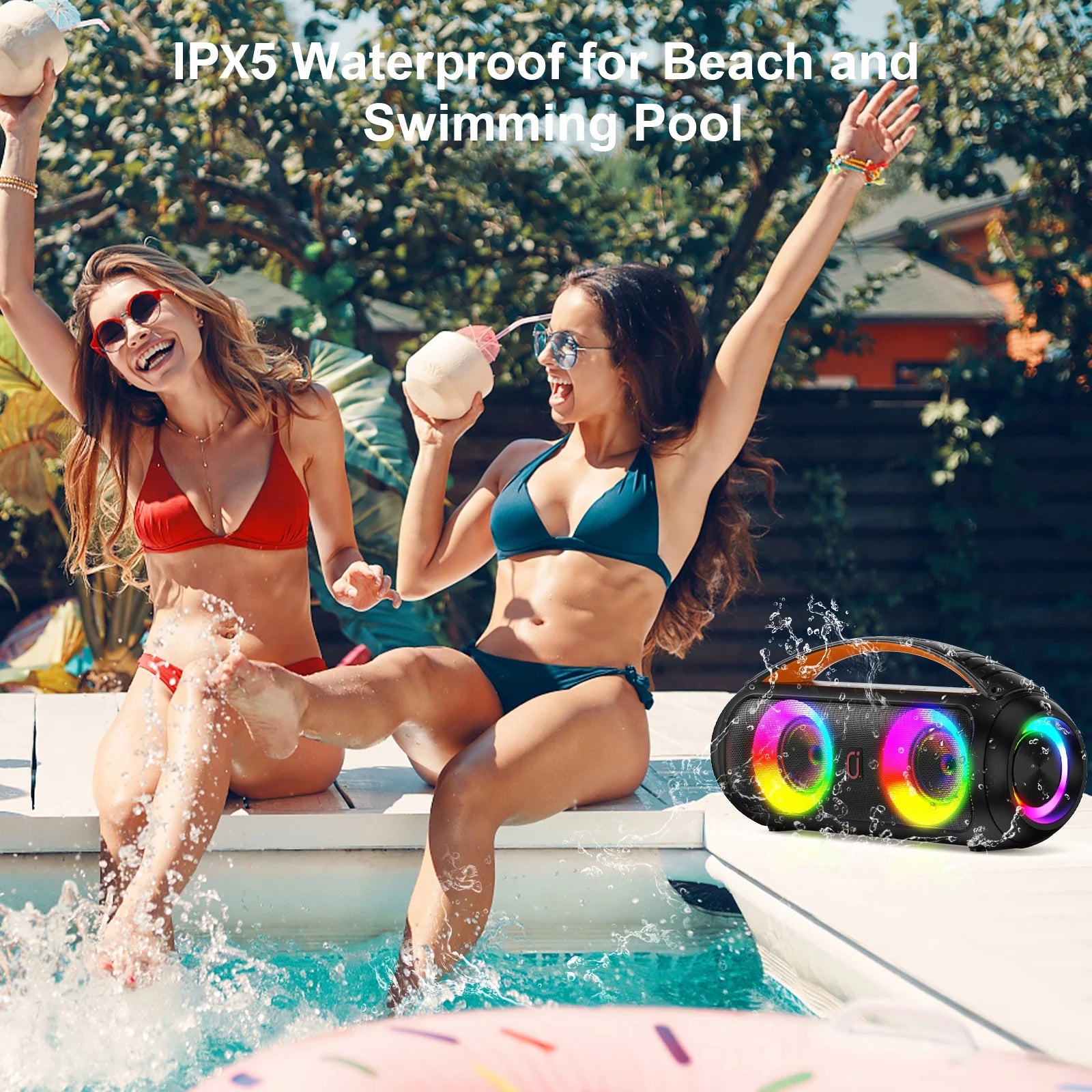 Waterproof Bluetooth Speaker, Wireless Ourdoor Speaker with DJ Lights, Party Speaker with Deep Bass, Portable Home Boombox Speaker for Pool Beach Party