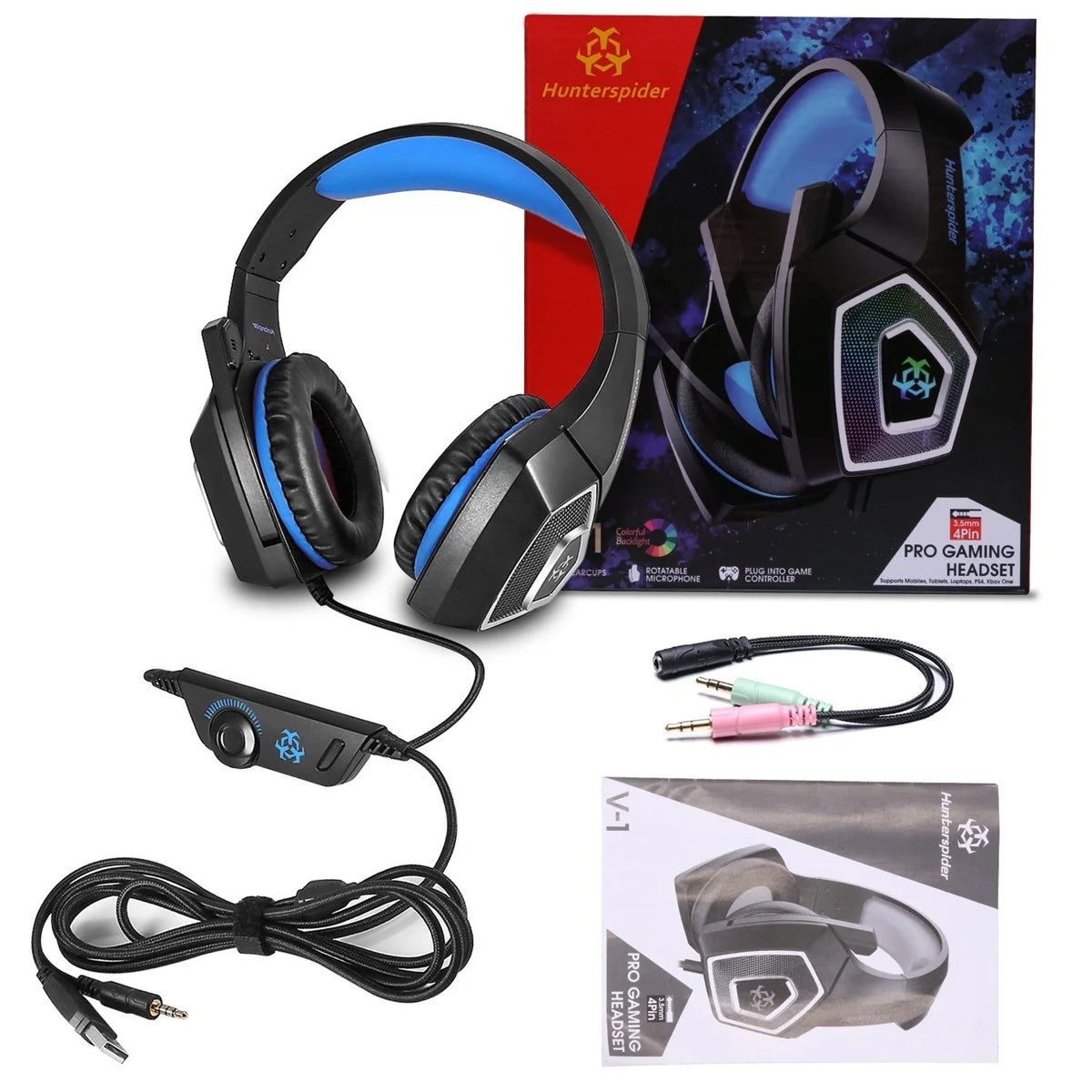 Gaming Headset with Mic for Xbox One PS4 PC Nintendo Switch Tablet Smartphone, Headphones Stereo over Ear Bass 3.5Mm Microphone Noise Canceling 7 LED Light Soft Memory Earmuffs