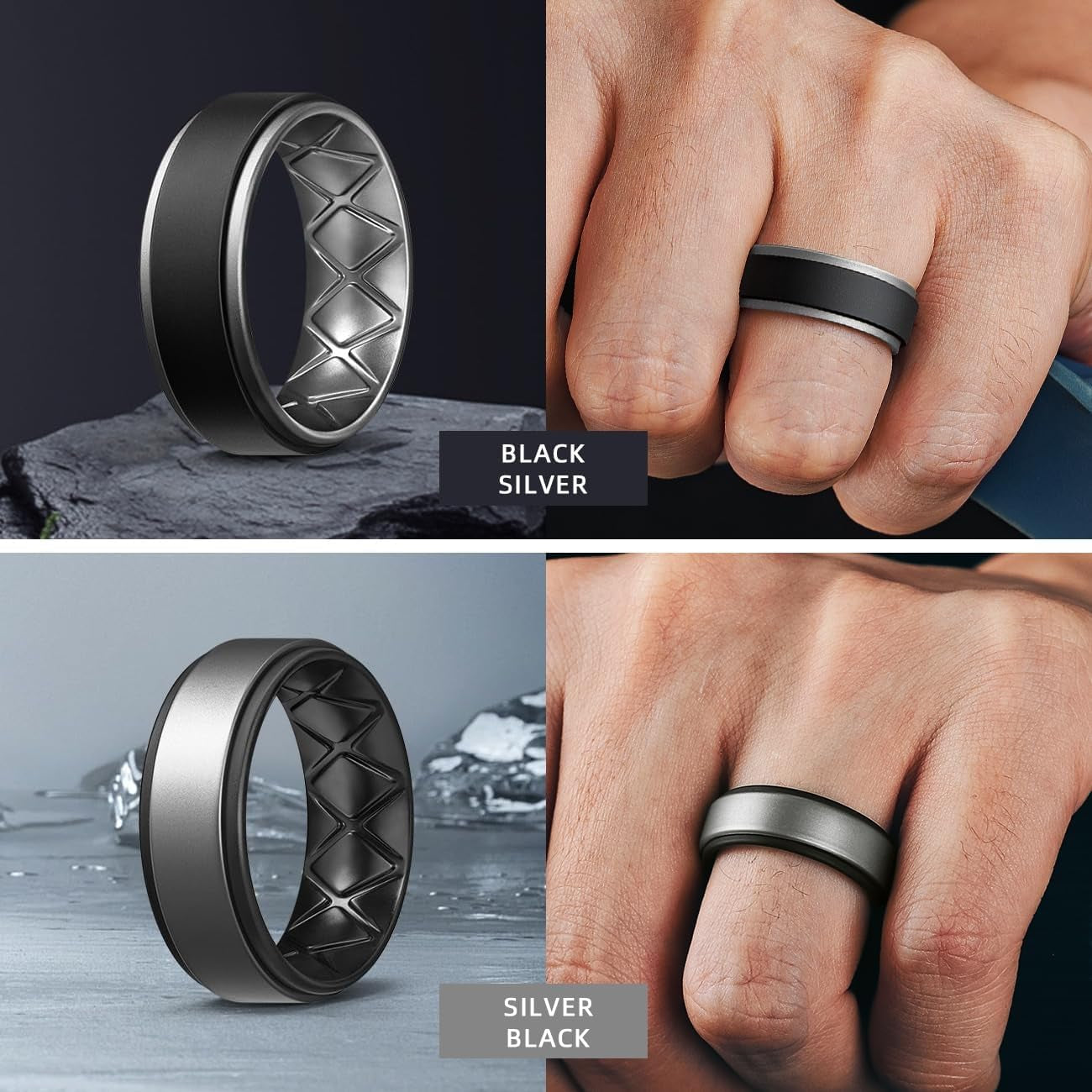 Silicone Rings for Men 1/4/5/6/7 Multipack of Breathable Mens Silicone Rubber Wedding Rings Bands - Step Edge