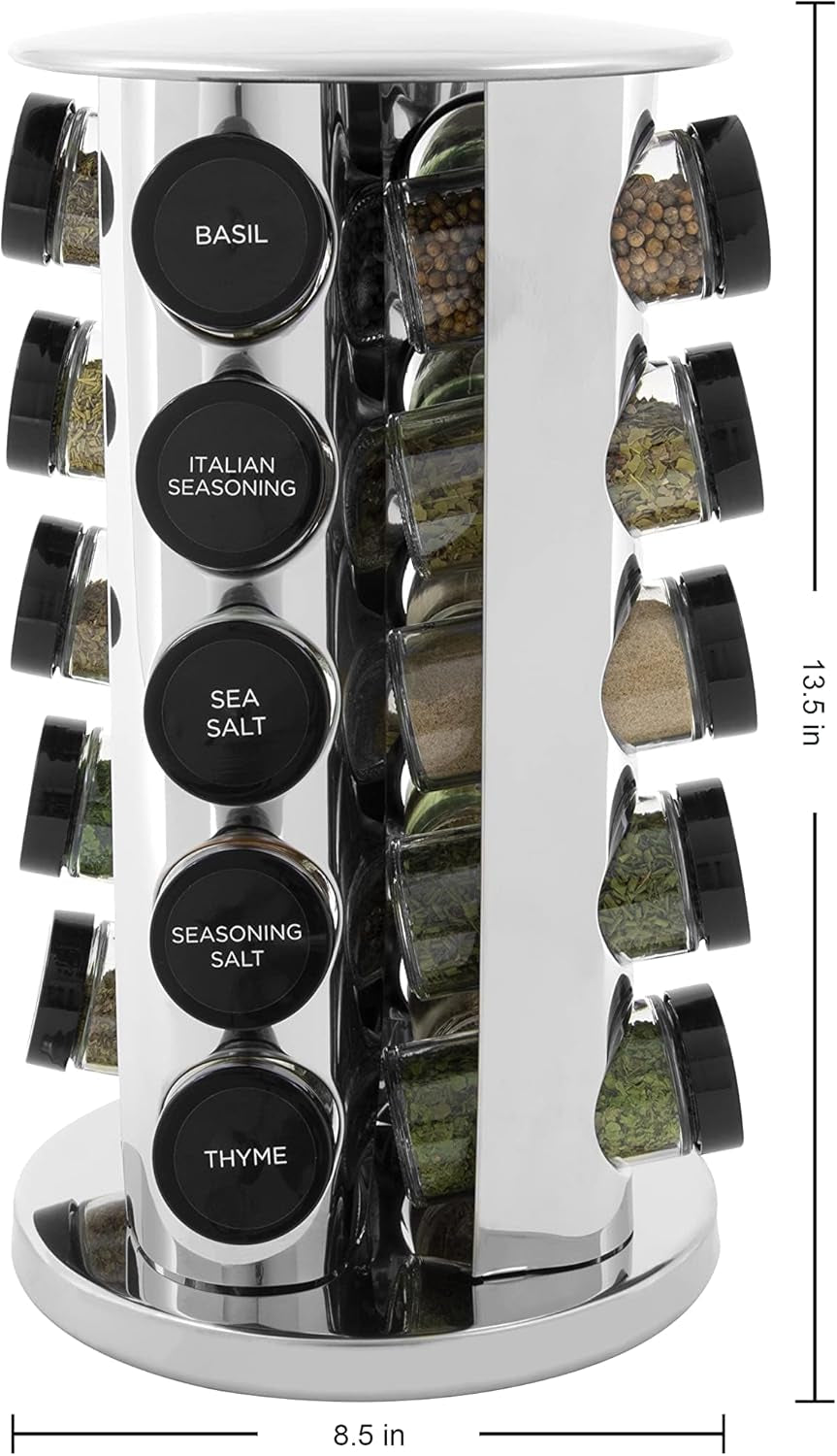 20 Jar Revolving Countertop Spice Rack with Spices Included, FREE Spice Refills for 5 Years, Polished Stainless Steel with Black Caps, 30020