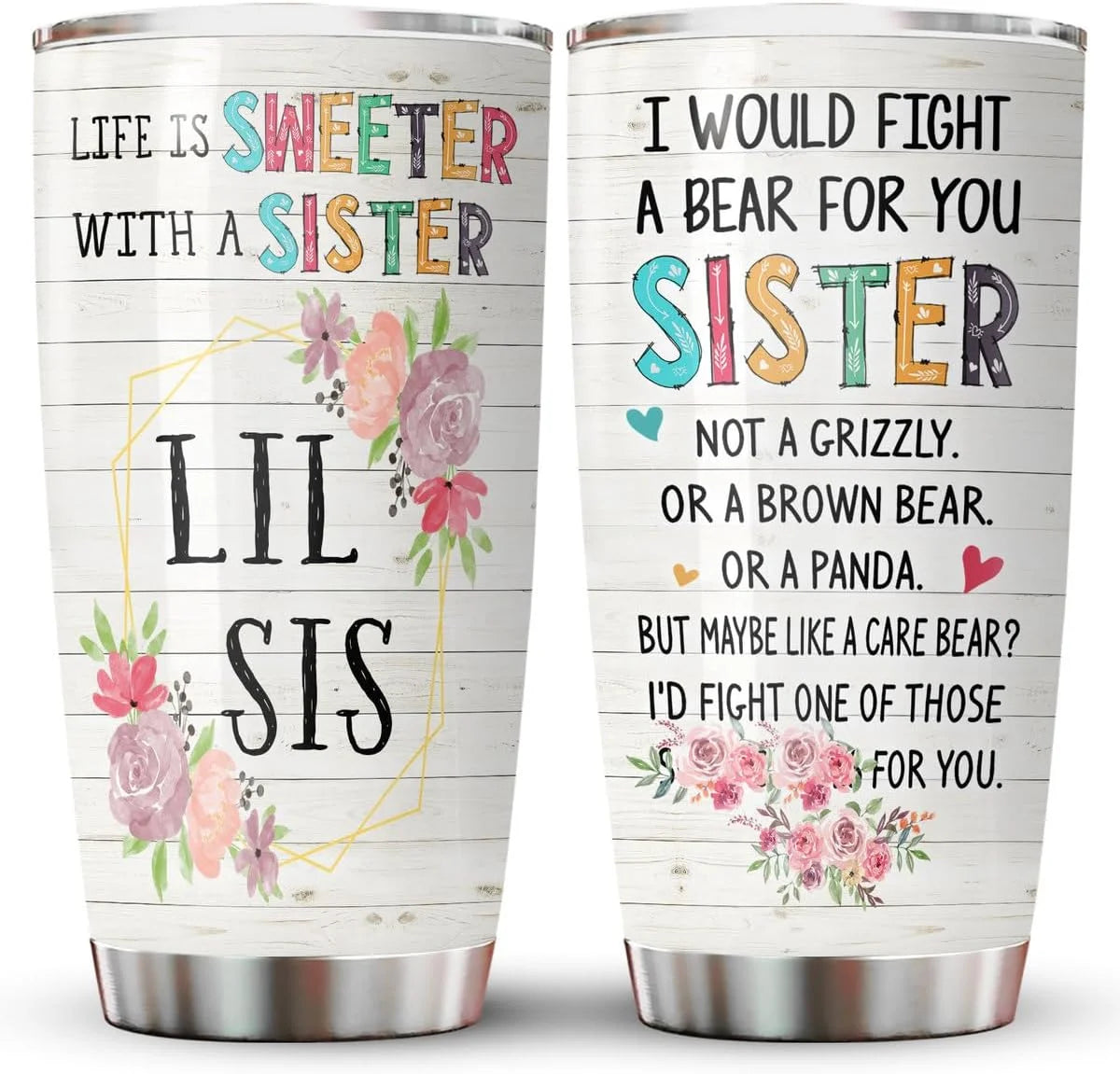 Sisters Gifts from Sister, Lil Sister Tumbler with Lid 20 Oz Stainless Steel, I Would Fight a Bear for You Sister Mug, Lil Sister Birthday Gifts, Cousin Gifts