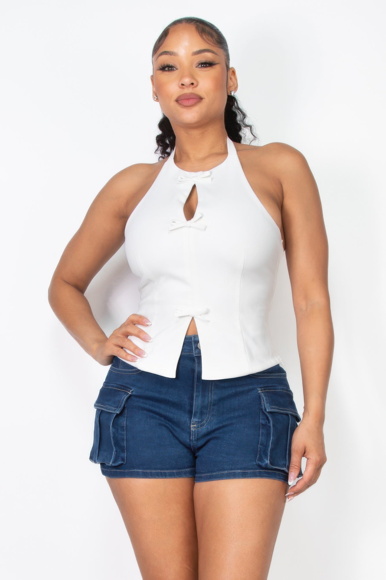 Halter ribbon open-back crop top