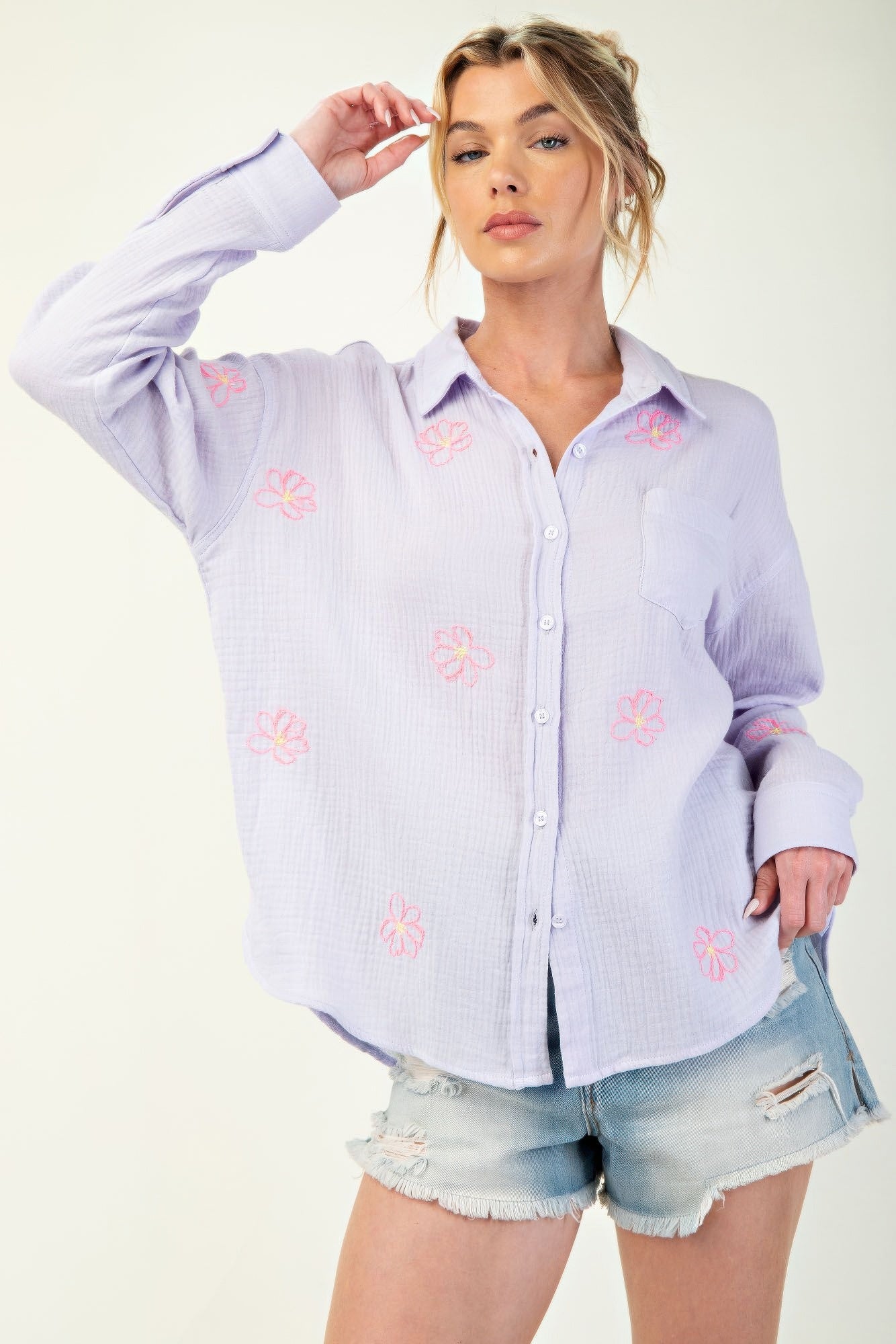 Embo detailed cotton gauze button down shirt