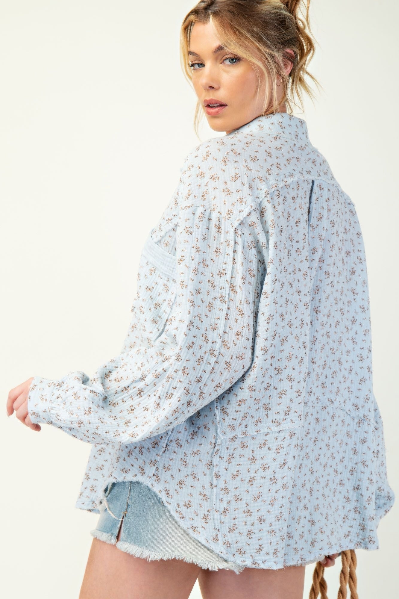 Printed cotton gauze button down woven shirt