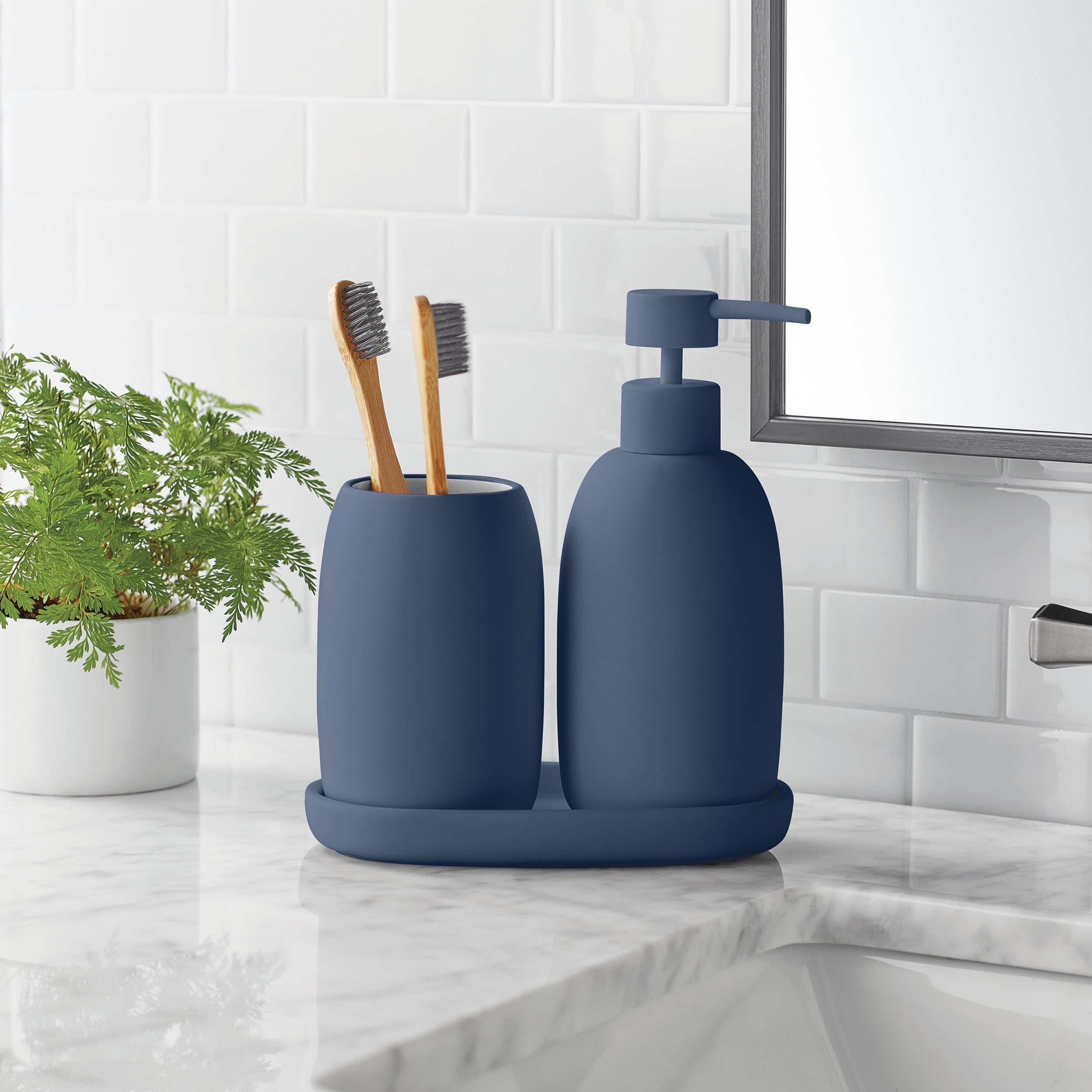 Ceramic Stoneware Bath Accessories 3-Piece Set, Blue