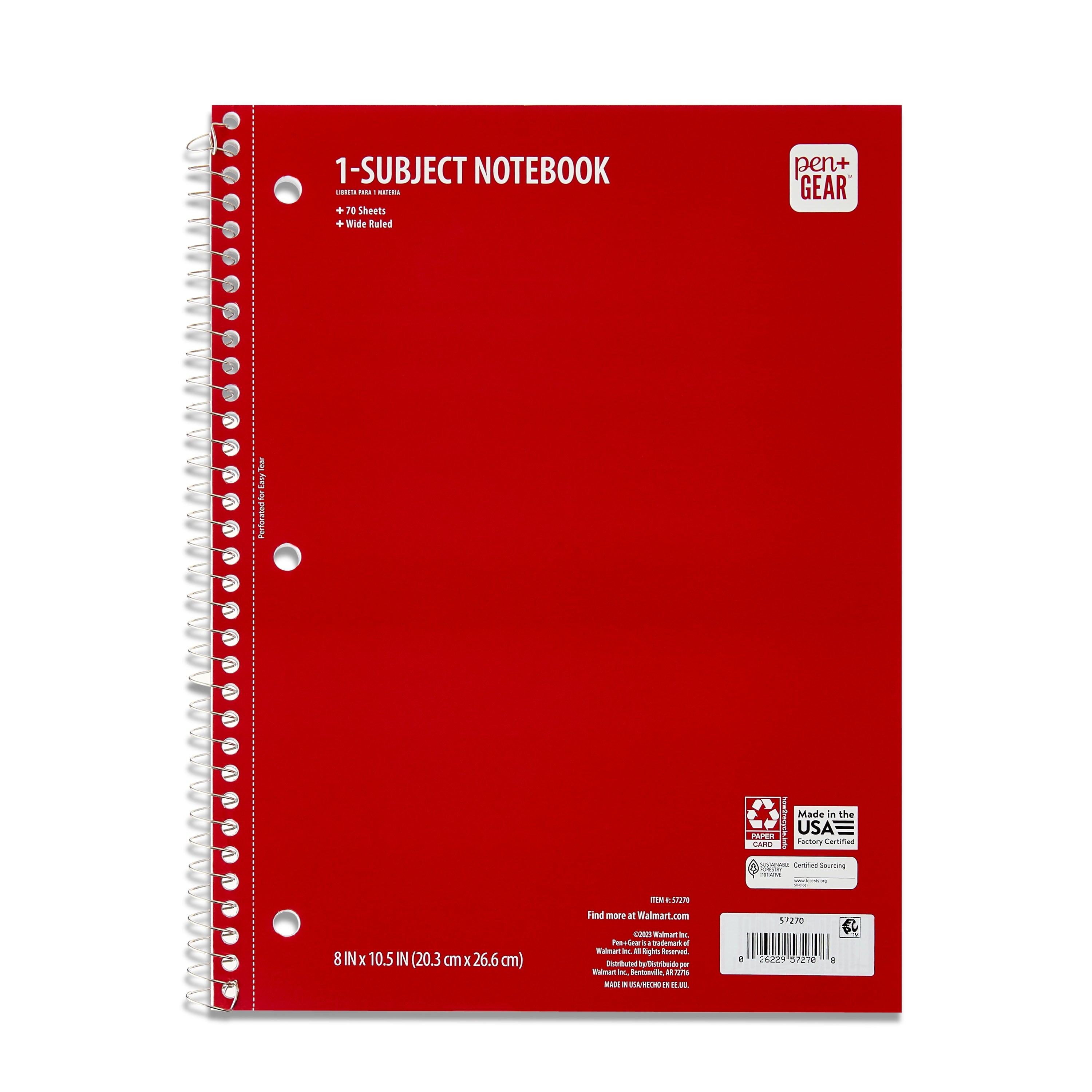 Wide Ruled 1-Subject Notebook, 8" X 10.5", Red, 70 Sheets