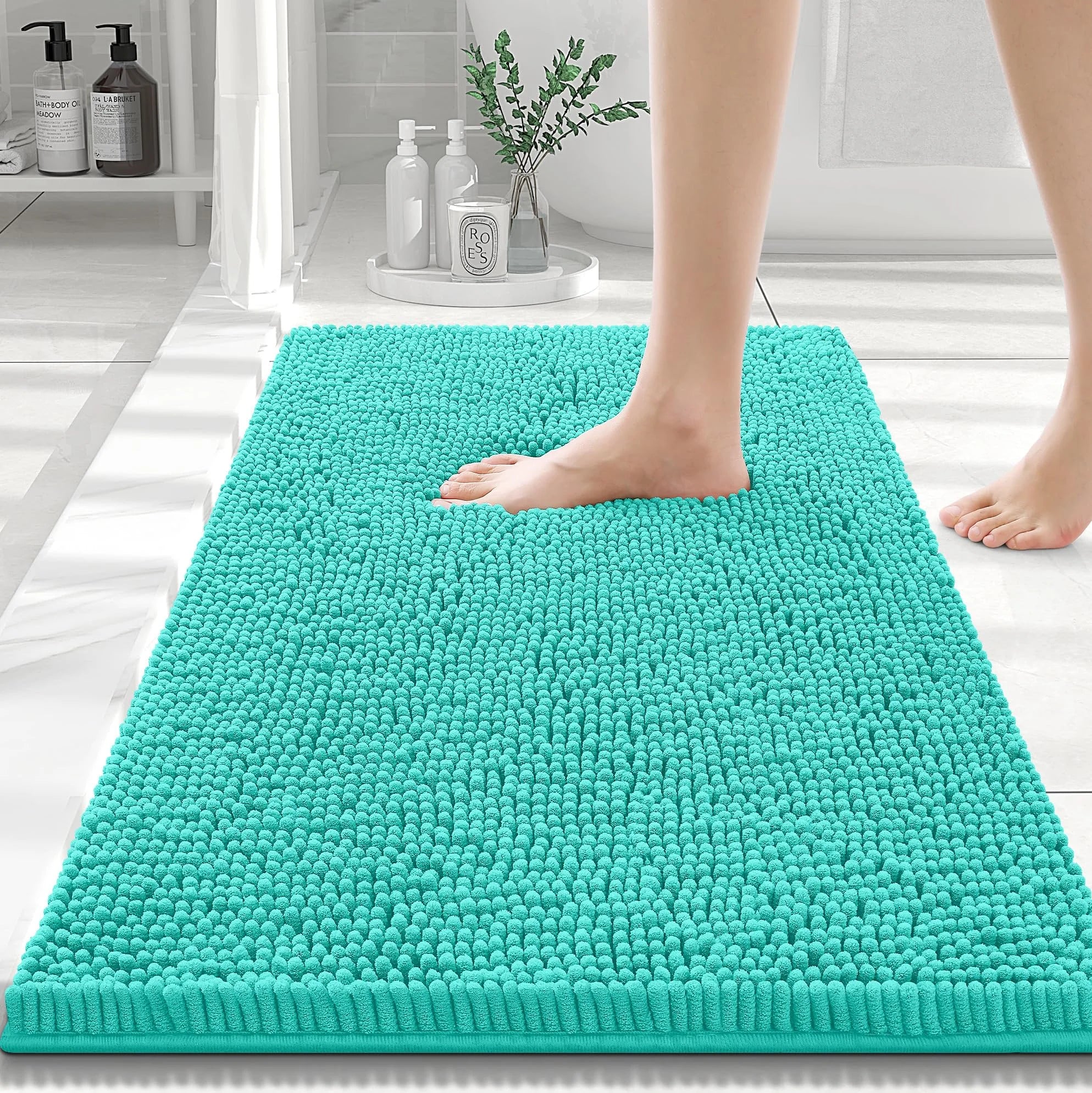 Luxury Chenille Bathroom Rugs, Extra Soft and Absorbent Bath Mat, Turquoise, 16"X24"