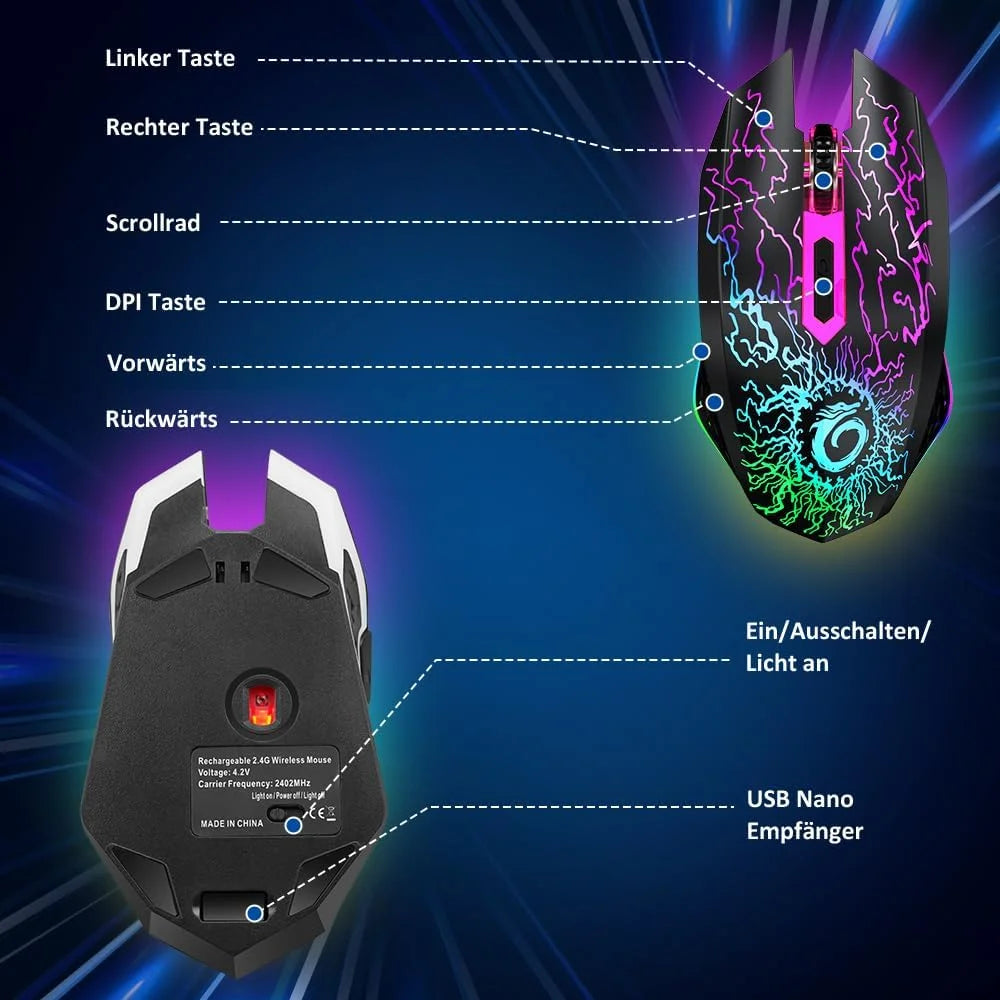 . Wireless Gaming Mouse with RGB Colorful LED Lights, Silent Click, 2.4G USB Nano Receiver, 3 Level DPI for PC Mac XBOX