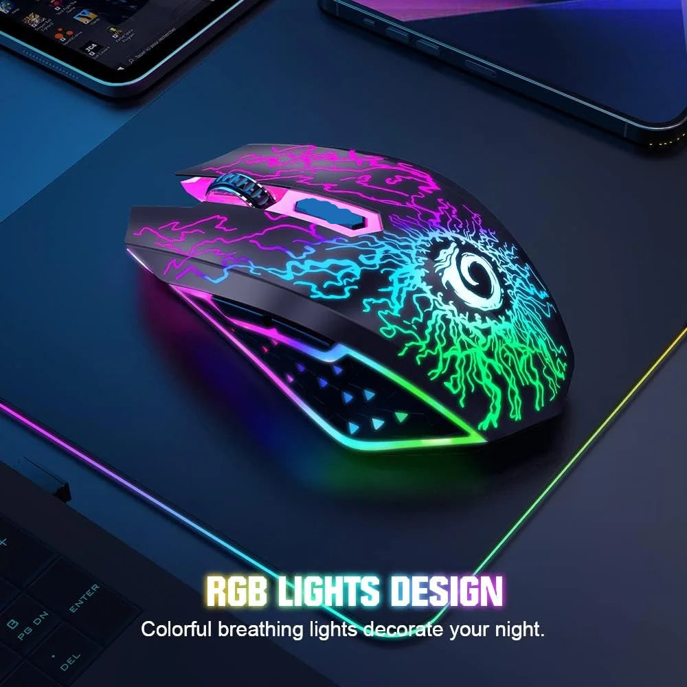 . Wireless Gaming Mouse with RGB Colorful LED Lights, Silent Click, 2.4G USB Nano Receiver, 3 Level DPI for PC Mac XBOX