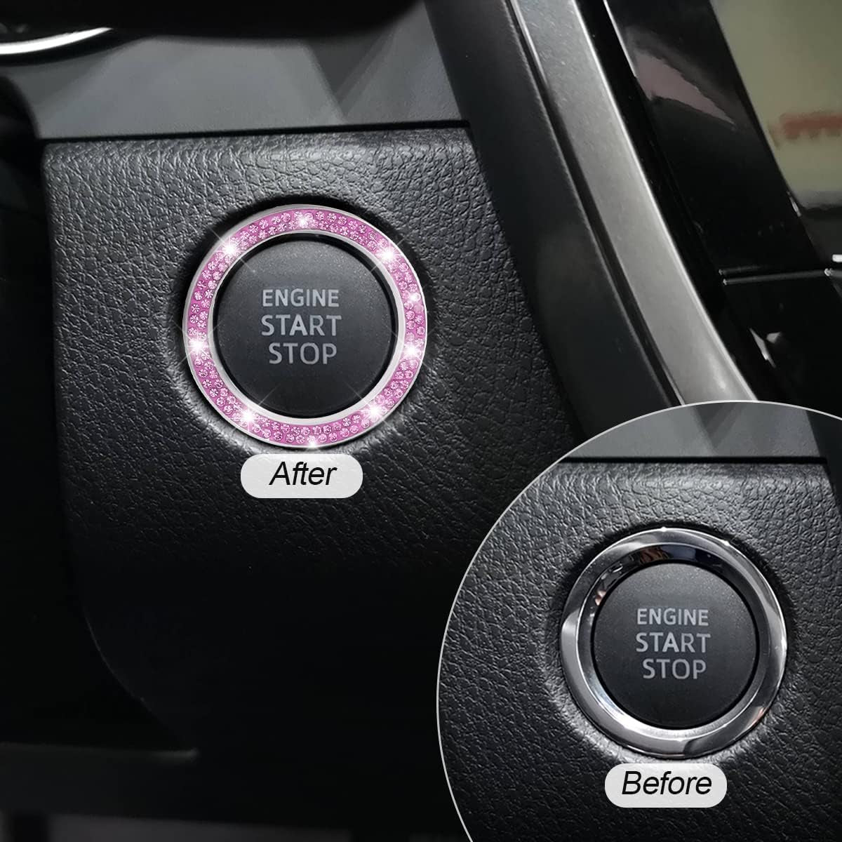 Car Bling Crystal Rhinestone Engine Start Ring Decals, 2 Pack Car Push Start Button Cover/Sticker, Key Ignition Knob Bling Ring, Sparkling Car Interior Accessories for Women (Purple)