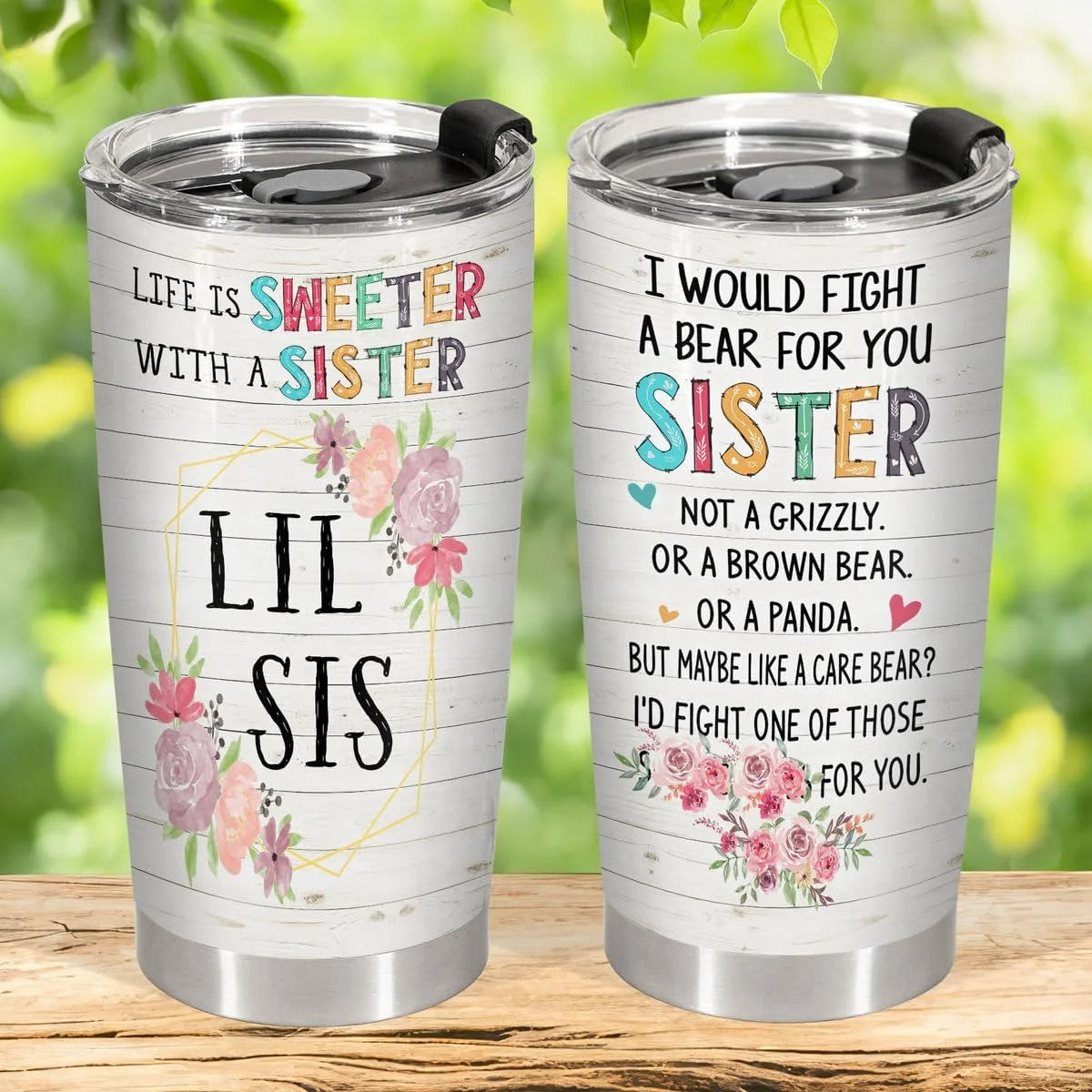 Sisters Gifts from Sister, Lil Sister Tumbler with Lid 20 Oz Stainless Steel, I Would Fight a Bear for You Sister Mug, Lil Sister Birthday Gifts, Cousin Gifts