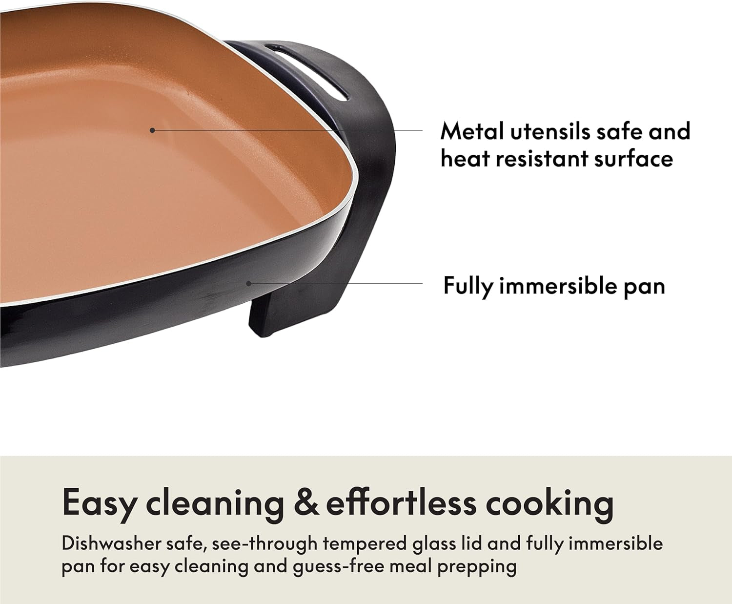 Electric Skillet and Frying Pan with Glass Lid, Nonstick Coating, Cool Touch Handles, Removable Heating Probe, Dishwasher Safe, 12 X 12 Inch, Copper