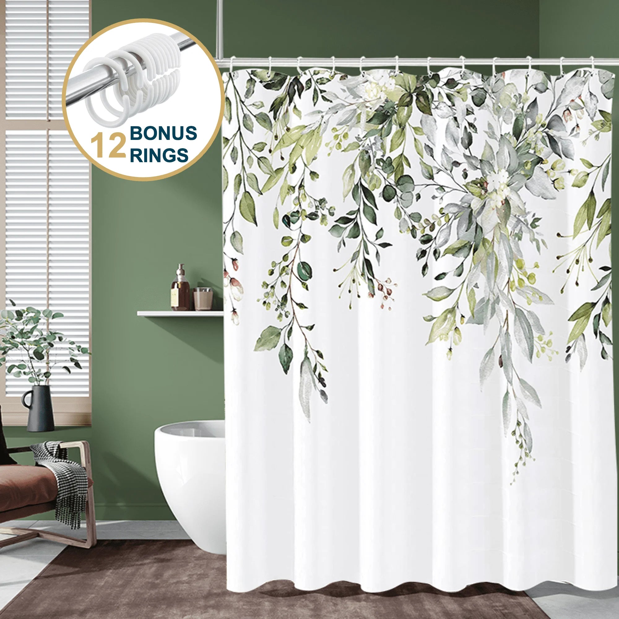 Green Shower Curtain with Hooks – Heavy-Duty Mold/Mildew-Resistant, Weighted-Hem Fabric Bathroom Curtain, Water-Repellent, Machine-Washable, Fade-Resistant, Hanging Vines Design, 72 X 72