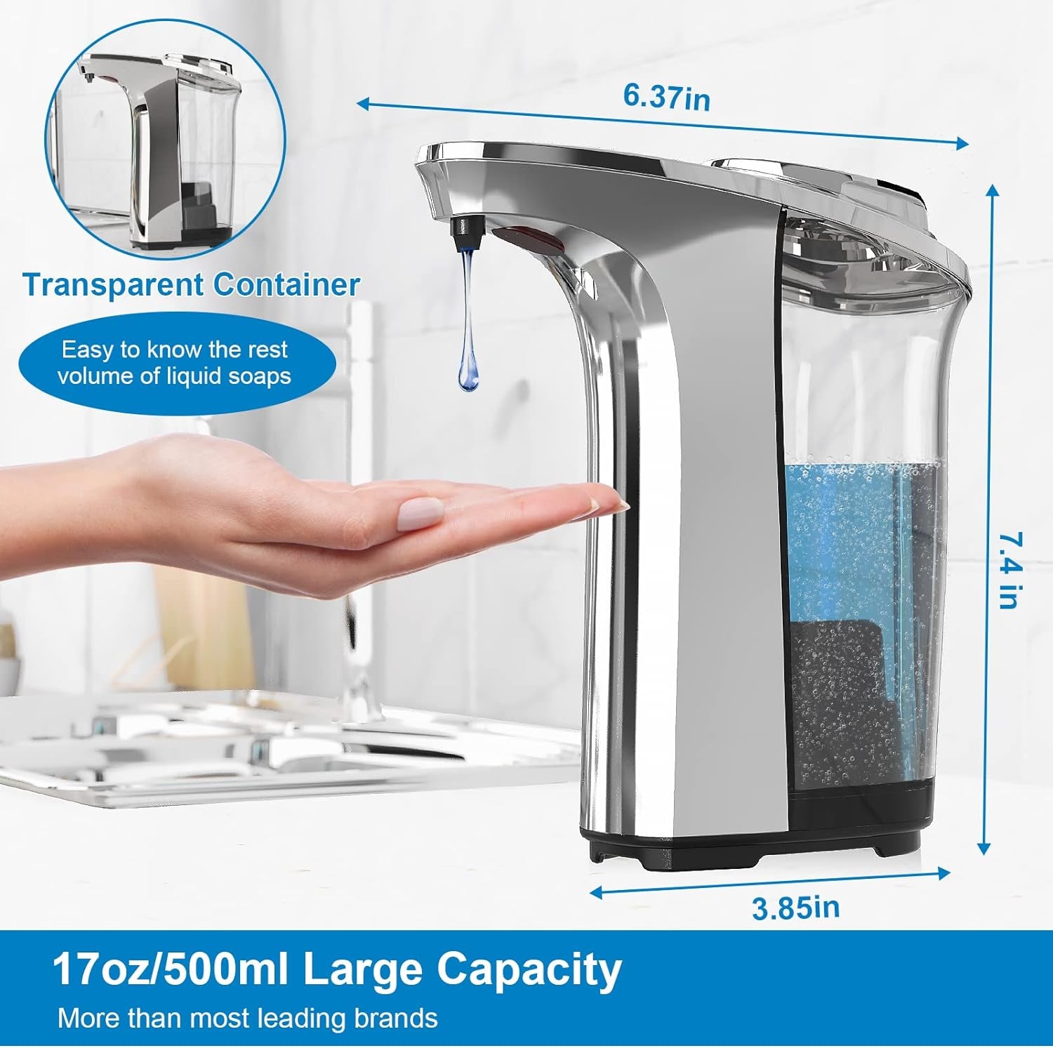 Automatic Soap Dispenser, Touchless Dish Soap Dispenser 17Oz/500Ml with Infrared Sensor, 5 Adjustable Soap Levels, Liquid Hand Soap Dispenser (Silver)