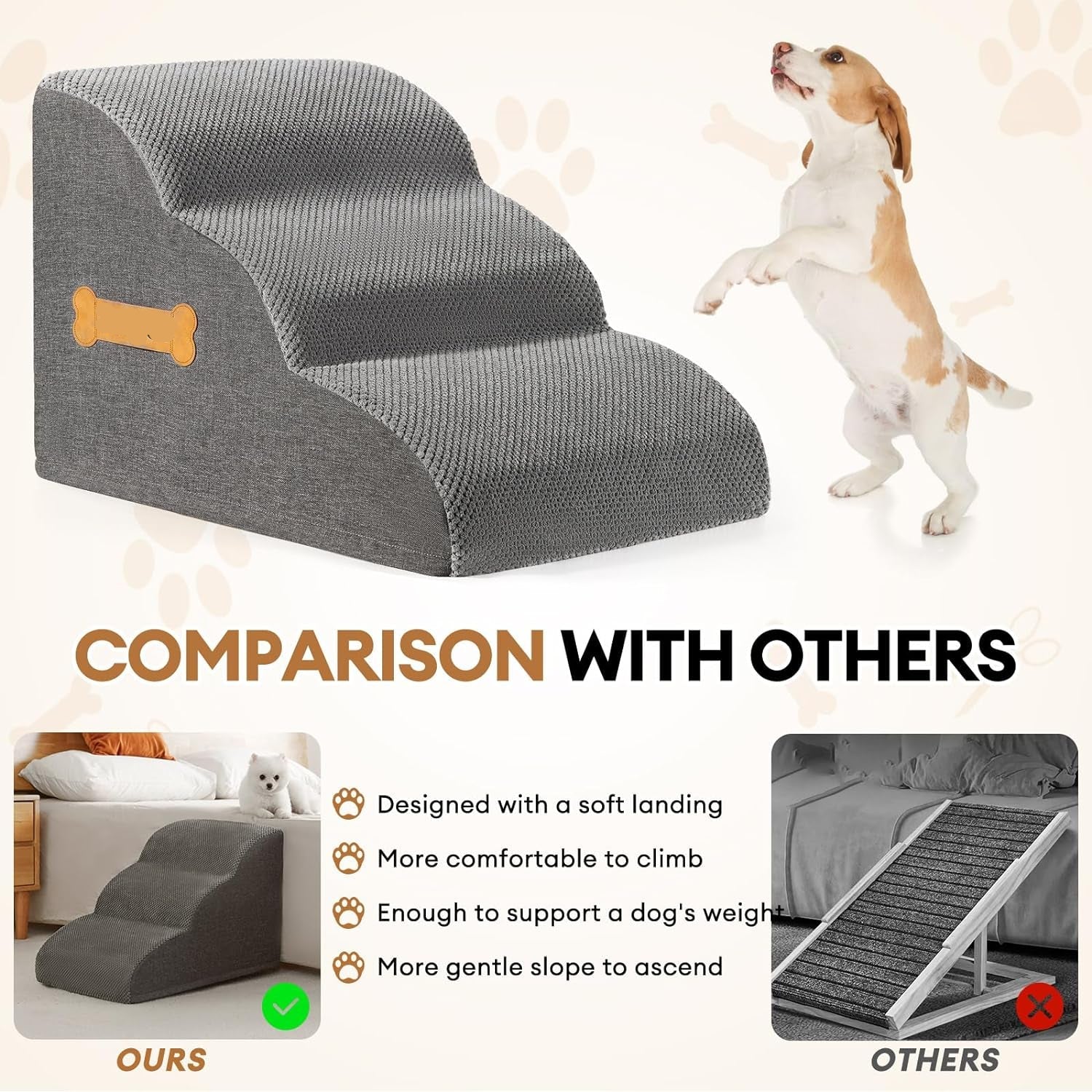 Dog Stairs Ramp for Beds Couches, Extra Wide Pet Steps with Durable Non-Slip Waterproof Fabric Cover, Dog Slope Stairs for Small Dogs and Cats or Pets Friendly, 3-Tiers