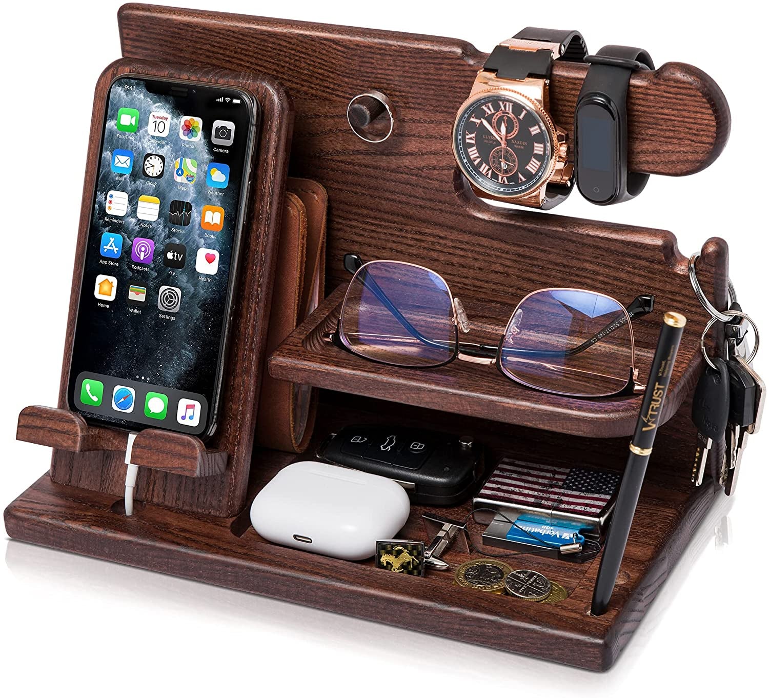 Wood Phone Docking Station for Men - Desk Accessories & Workspace Organizer - Nightstand Organizer - Birthday Gifts for Men or Dad - Idea for Anniversary - Key Holder - Stand Watch (Brown)