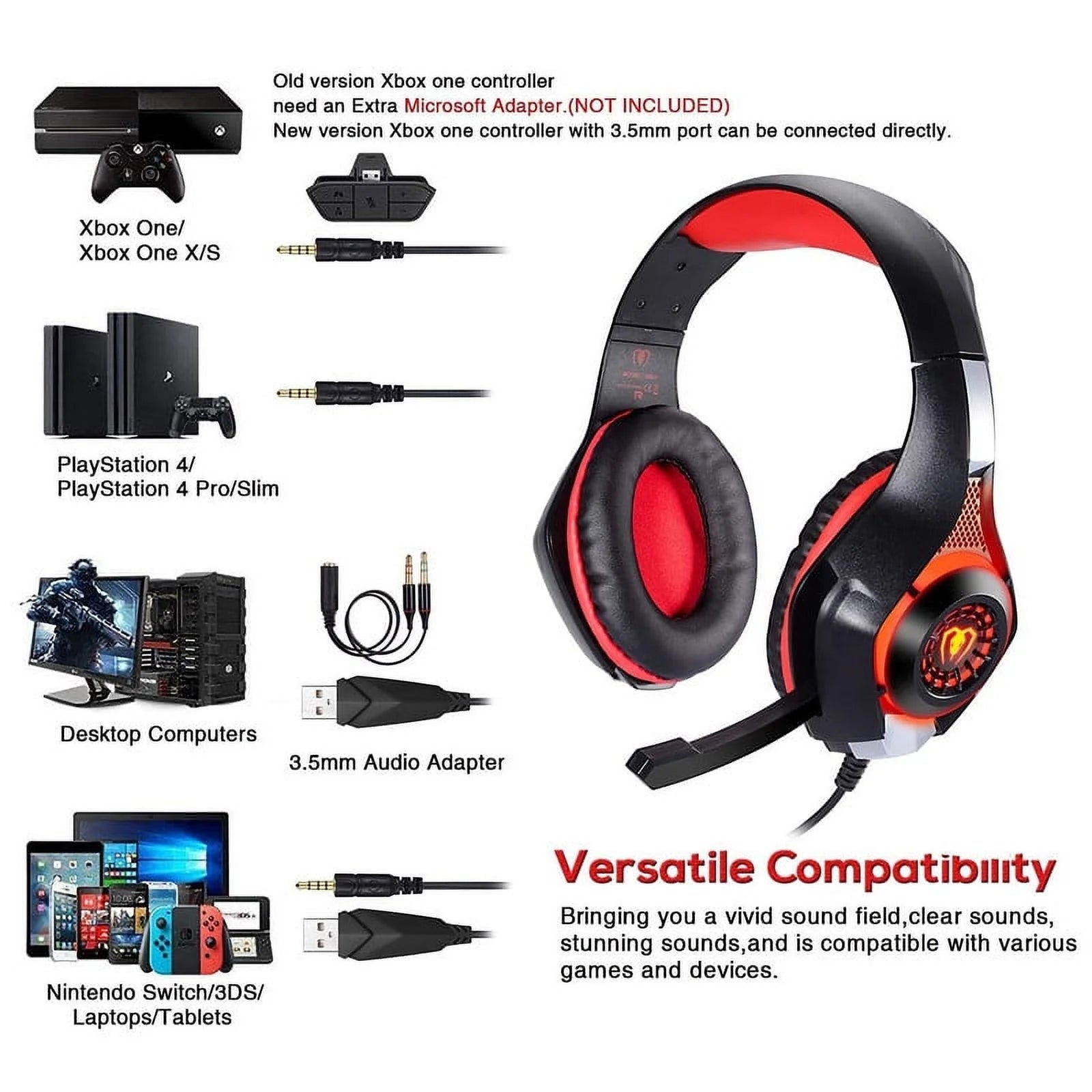 Gaming Headsets for PS5 PS4 Xbox One, Gaming Headphones with Noise Canceling Microphone Surround Sound & LED RGB Light for PC Laptop Headband Headphones Red