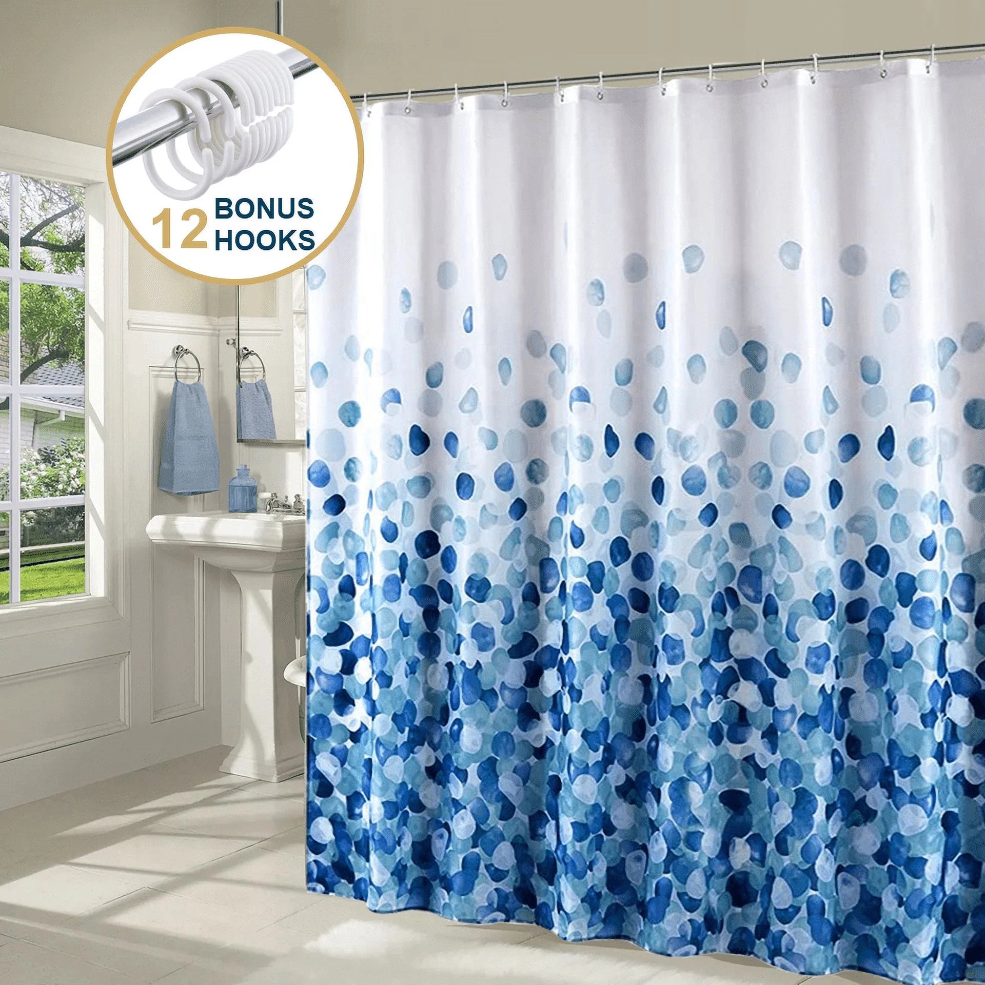 Shower Curtain - Heavy Duty Mildew-Resistant Fabric Bathroom Curtain, Waterproof, Machine-Washable, Weighted Hem, Rose Petal Floral Design, 72" W X 72” H,Blue