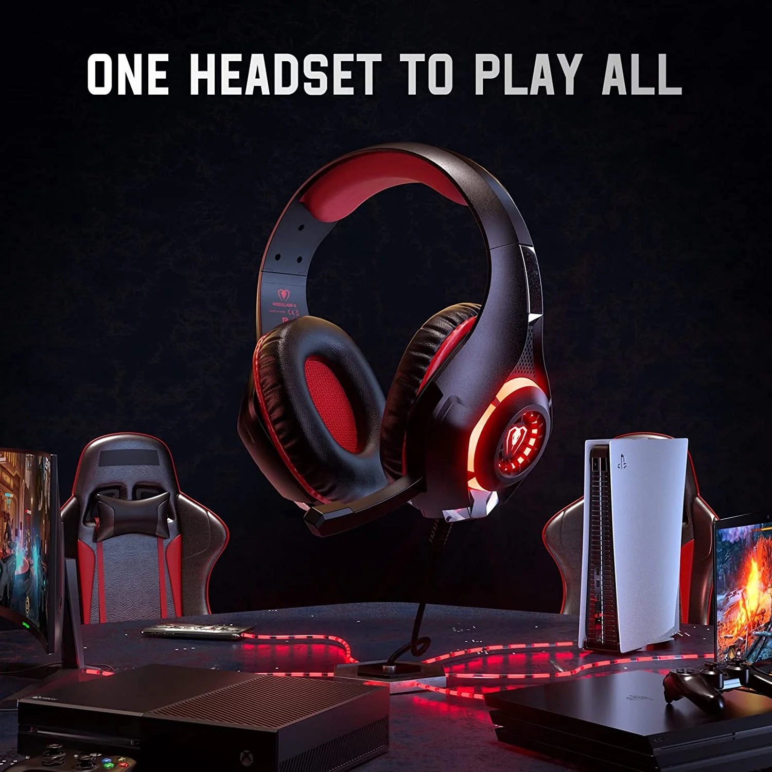 Gaming Headsets for PS5 PS4 Xbox One, Gaming Headphones with Noise Canceling Microphone Surround Sound & LED RGB Light for PC Laptop Headband Headphones Red