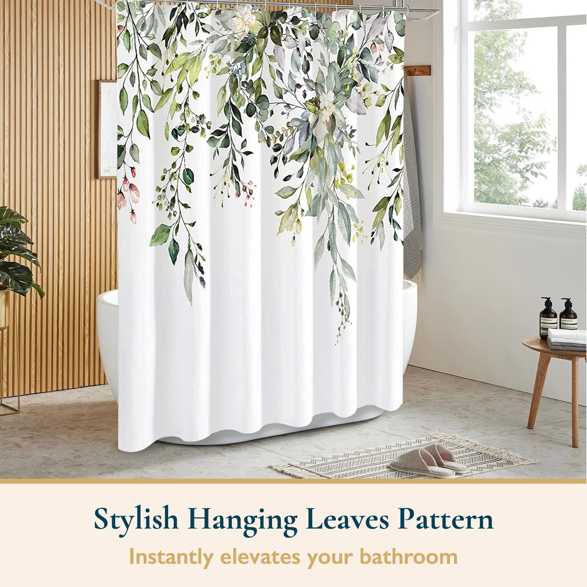 Green Shower Curtain with Hooks – Heavy-Duty Mold/Mildew-Resistant, Weighted-Hem Fabric Bathroom Curtain, Water-Repellent, Machine-Washable, Fade-Resistant, Hanging Vines Design, 72 X 72