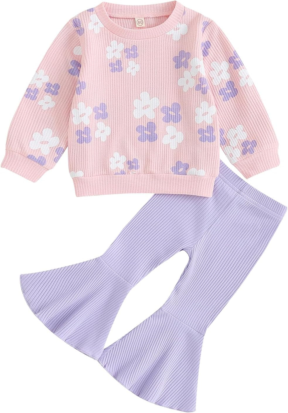 Baby Girl Fall Winter Clothes Floral Knit Crewneck Sweatshirts Flare Pants Set Toddler Bell-Bottoms Outfits