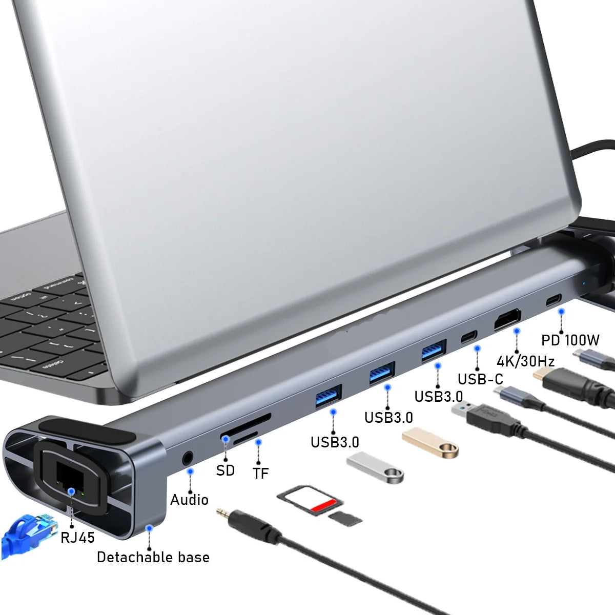 USB C Laptop Docking Station Stand, 10 in 1 Folding Tilt Stand Triple Display USB C , 4K, PD 100W, USB 3.0, TF, SD, Audio, RJ45 for Macbook & Windows