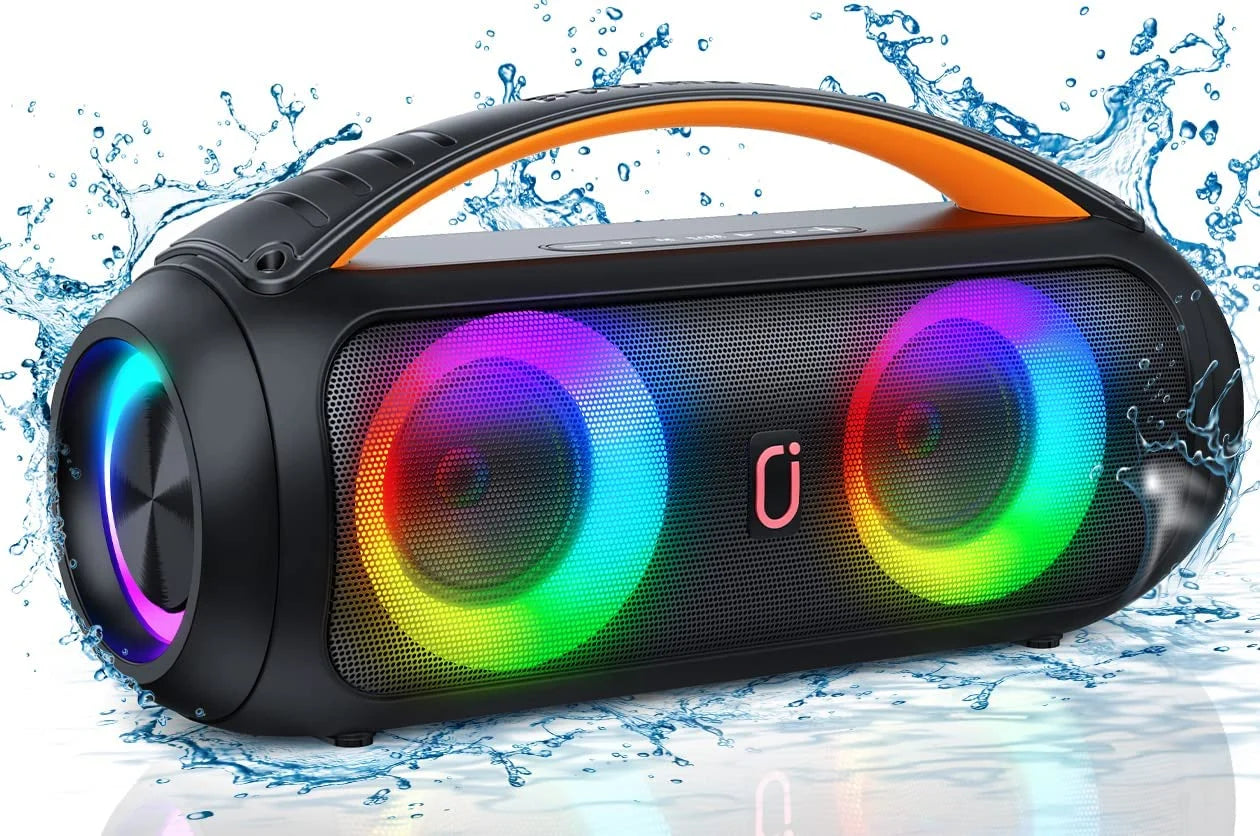 Waterproof Bluetooth Speaker, Wireless Ourdoor Speaker with DJ Lights, Party Speaker with Deep Bass, Portable Home Boombox Speaker for Pool Beach Party