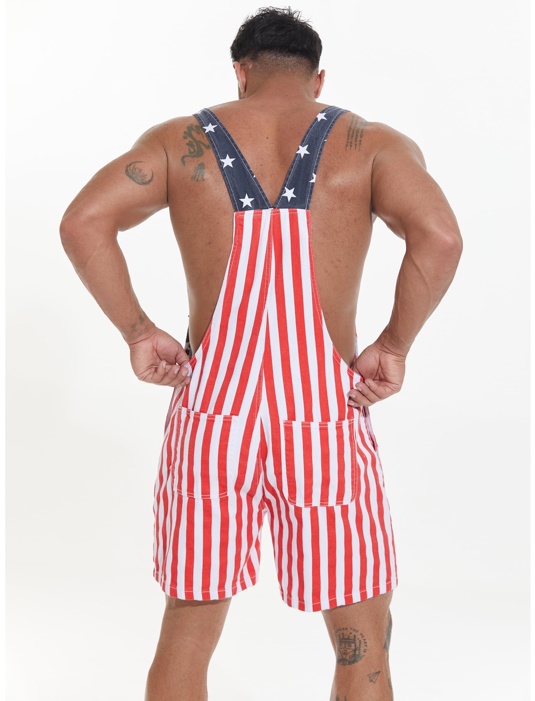 American Flag Overalls Bib Denim Shorts Jean Romper Casual Workout Summer Adjustable Strap Jumpsuit for Men Women