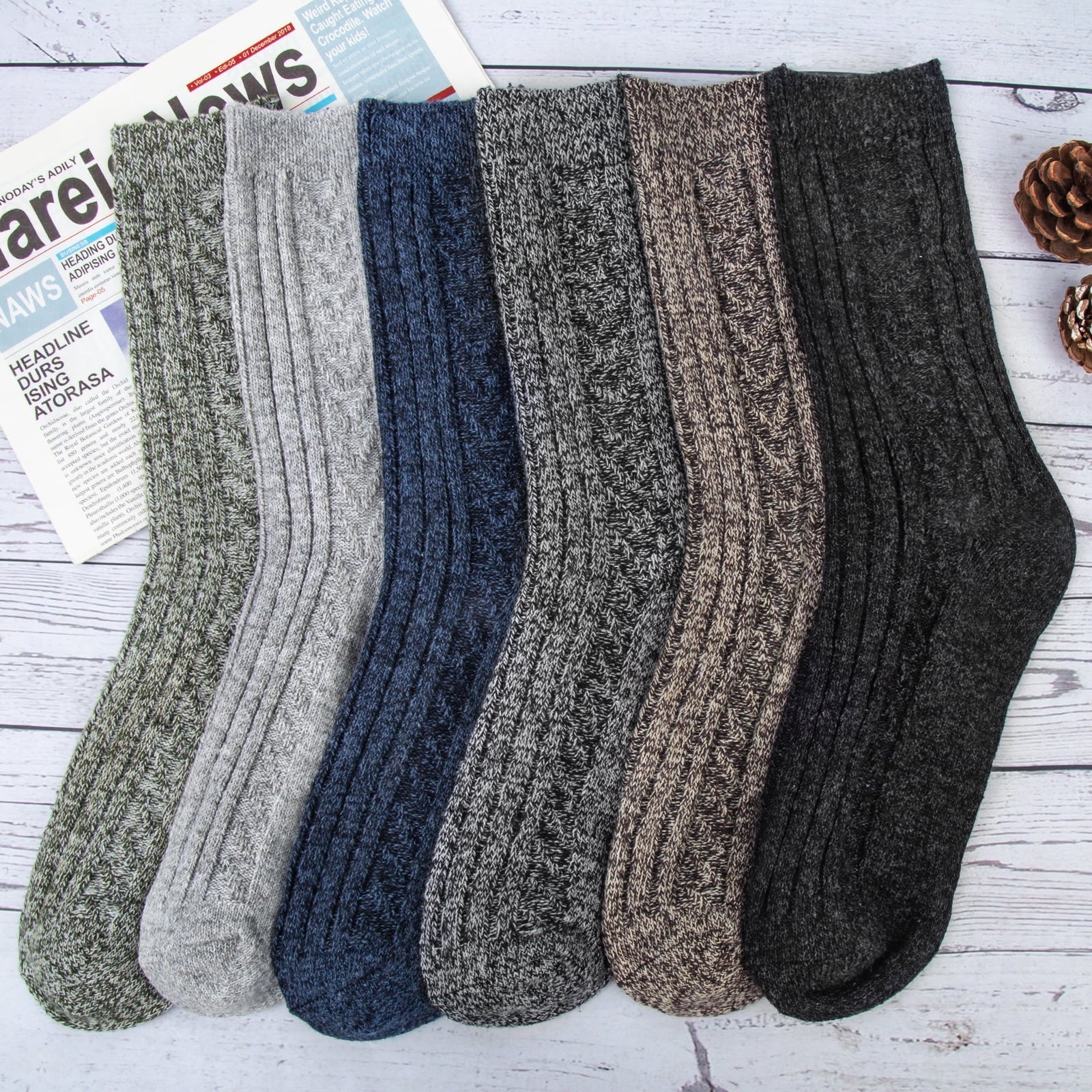 Mens Wool Socks Crew Dress Cozy Boot Thermal Winter Heated Thick Warm Socks, Size 6-12, 6 Pairs