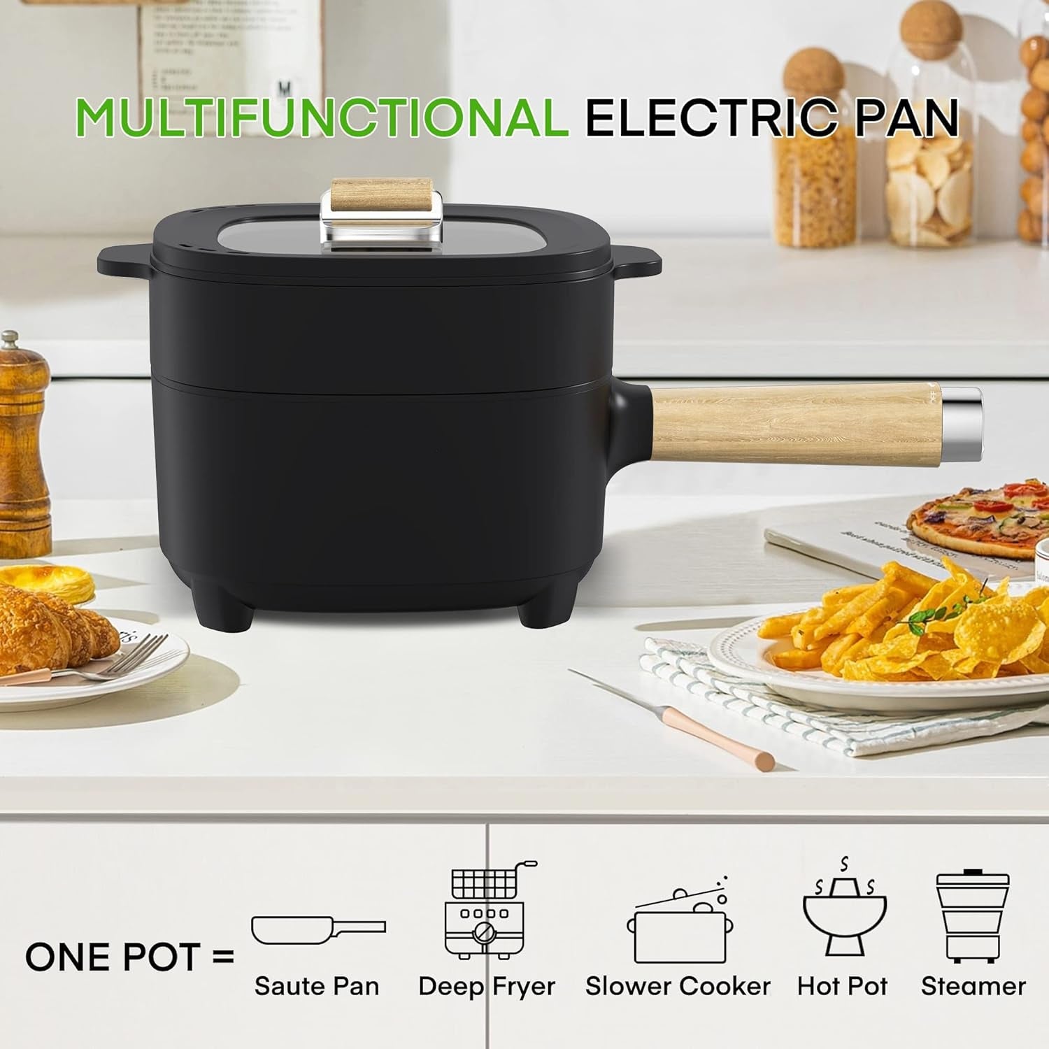 Hot Pot Electric 2L, Cermic Glaze Non-Stick Frying Pan 8 Inch, Portable Travel Cooker for Ramen/Steak/Fried Rice/Oatmeal/Soup, with Dual Power Control (Silicone Spatula Included)