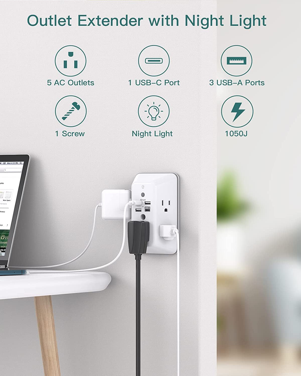 Surge Protector, Outlet Extender with Night Light,  5-Outlet Splitter and 4 USB Ports(1 USB C), Multi Plug Wall Outlet for Home Office Dorm Room Essentials