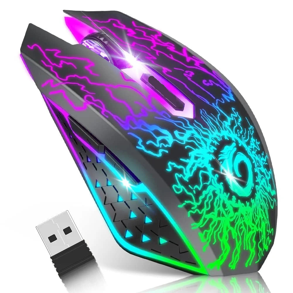 . Wireless Gaming Mouse with RGB Colorful LED Lights, Silent Click, 2.4G USB Nano Receiver, 3 Level DPI for PC Mac XBOX