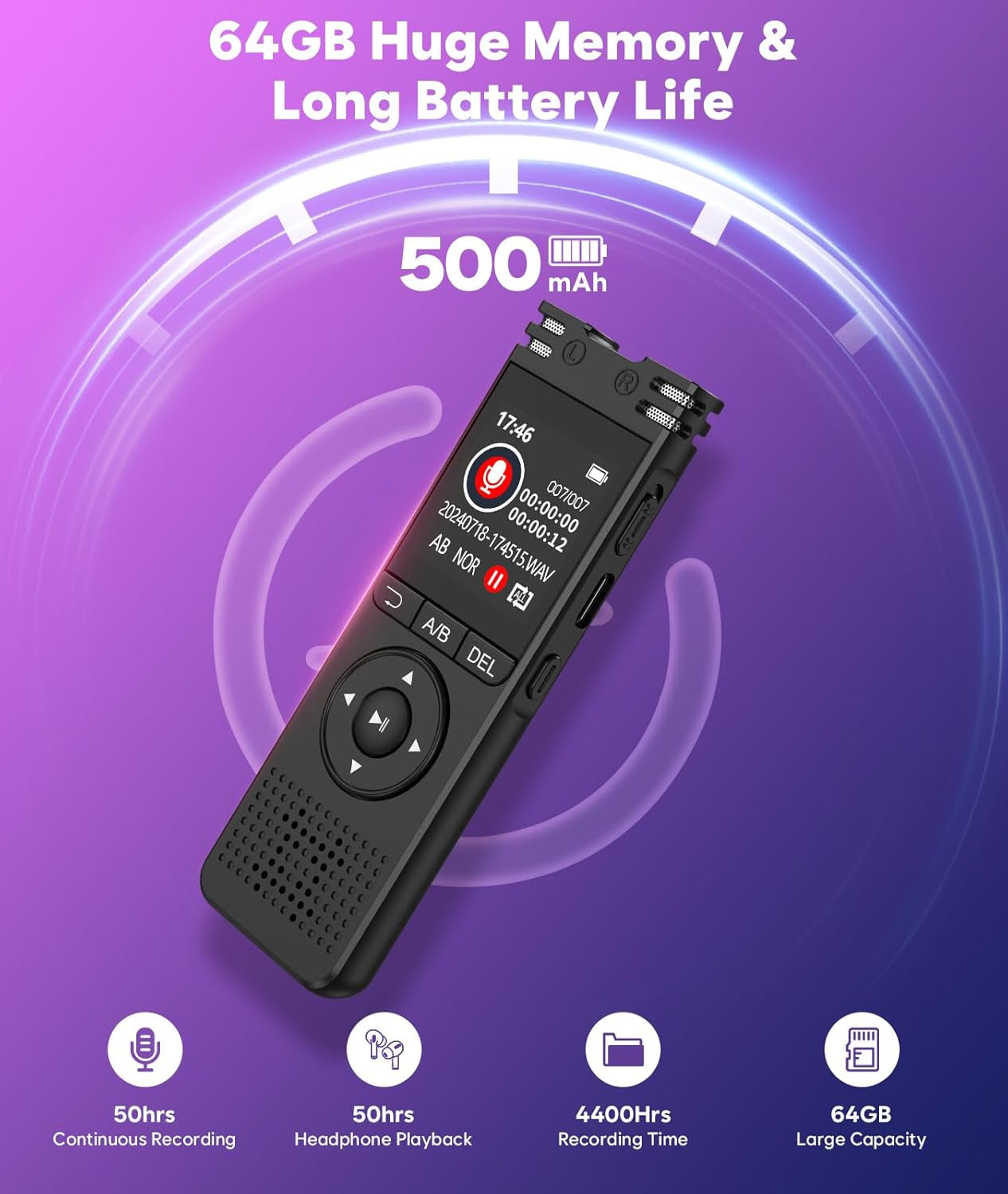 64GB Digital Voice Recorder with Playback -  Voice Activated Recorder【7000 Hours】, One Click Large Screen Sound Audio Recorder Recording Tape for Interviews/Meeting/Classes